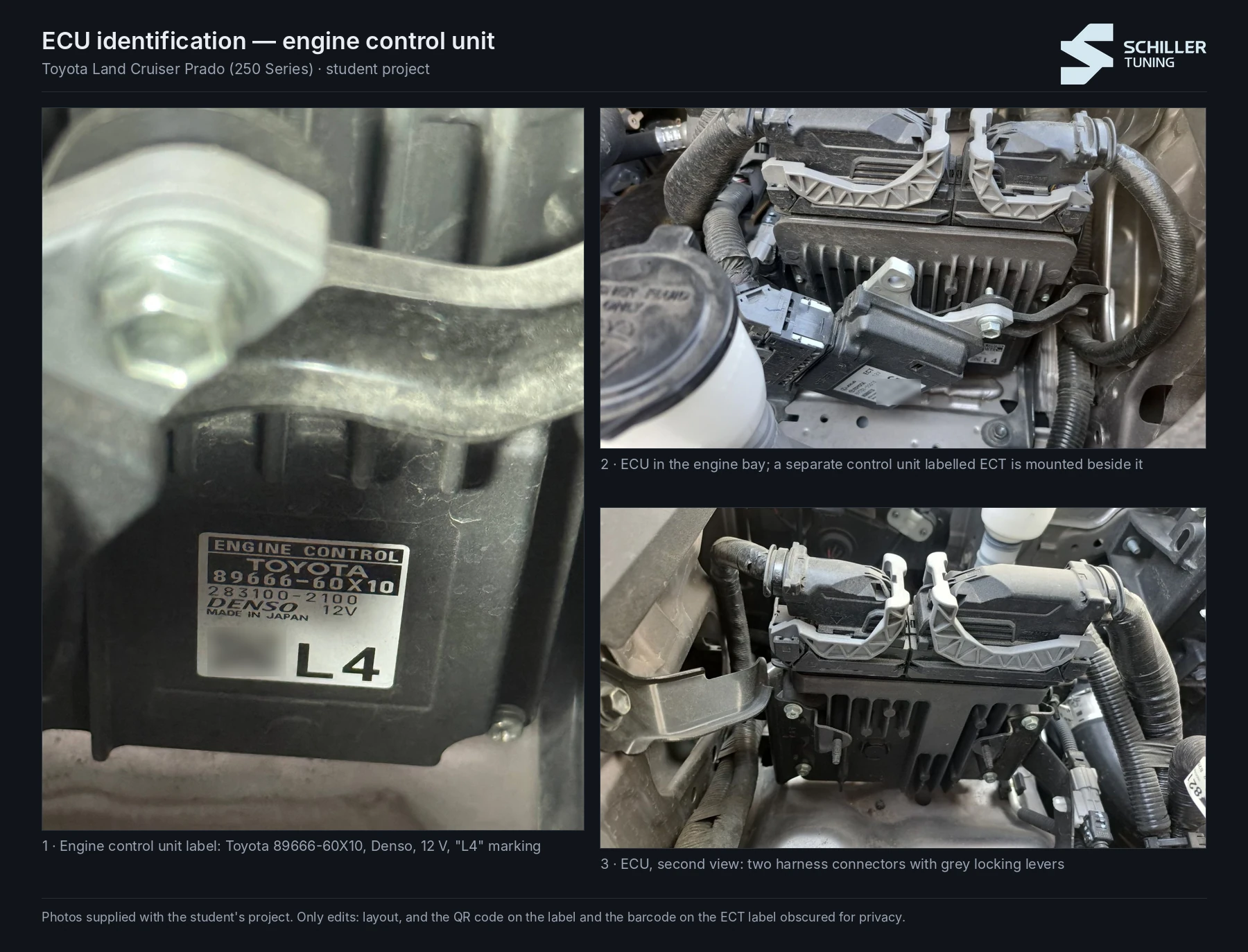 Three photos of the Toyota engine control unit: a close-up of the Denso label reading 89666-60X10, and two views of the unit in the engine bay with grey-lever connectors.