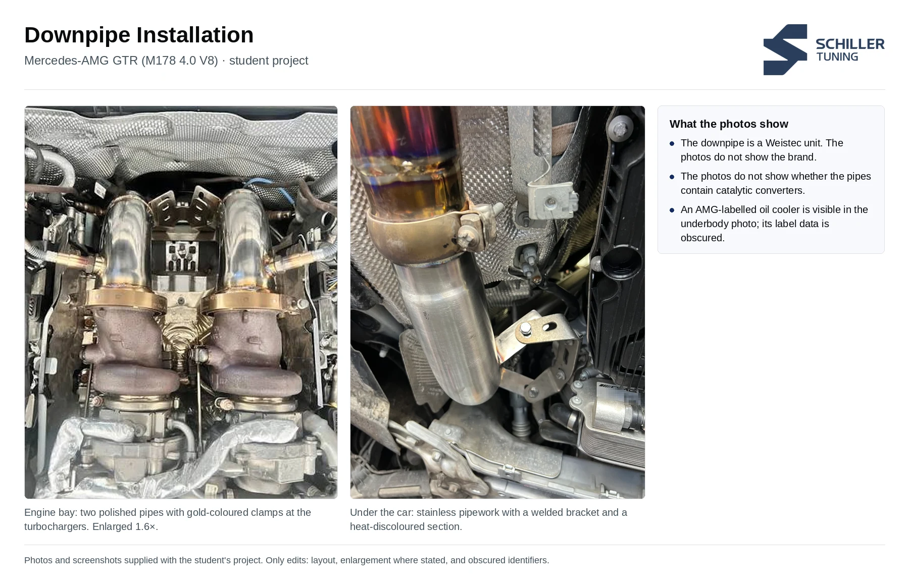 Two photos of a downpipe fitted to a twin-turbo V8: the engine bay with two polished pipes and gold-coloured clamps at the turbochargers, and an underbody view of stainless pipework with a welded bracket.