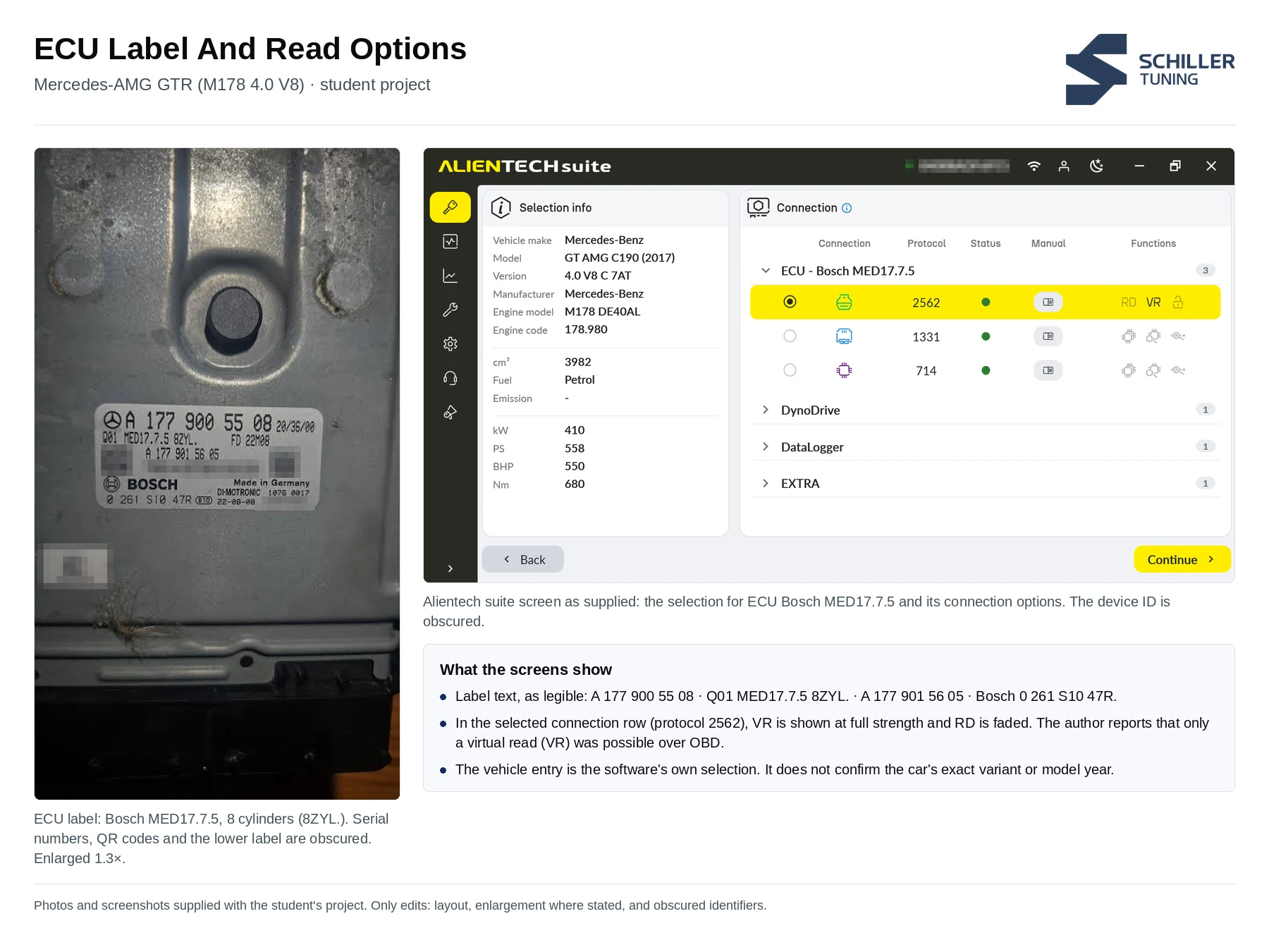 Photo of a Bosch MED17.7.5 ECU label with serial codes obscured, next to an Alientech suite screen showing the connection options for that ECU. In the selected row the VR function is shown at full strength and RD is greyed out.